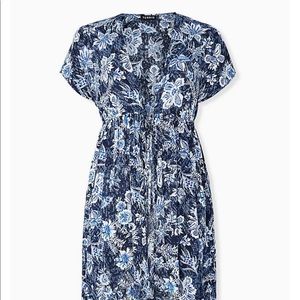 NAVY FLORAL CRINKLED GAUZE HI-LO KAFTAN NWT